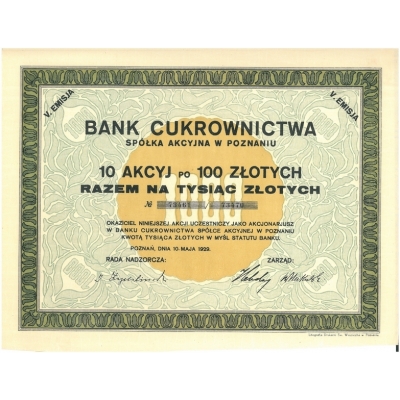 Bank Cukrownictwa :: 10 Akcyj po 100 złotych :: 10.05.1929
