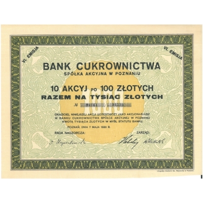 Bank Cukrownictwa :: 10 Akcyj po 100 złotych :: 07.05.1930