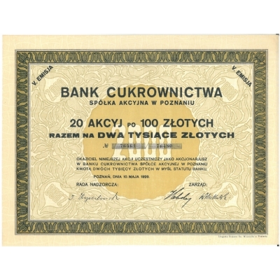 Bank Cukrownictwa :: 20 Akcyj po 100 złotych :: 10.05.1929